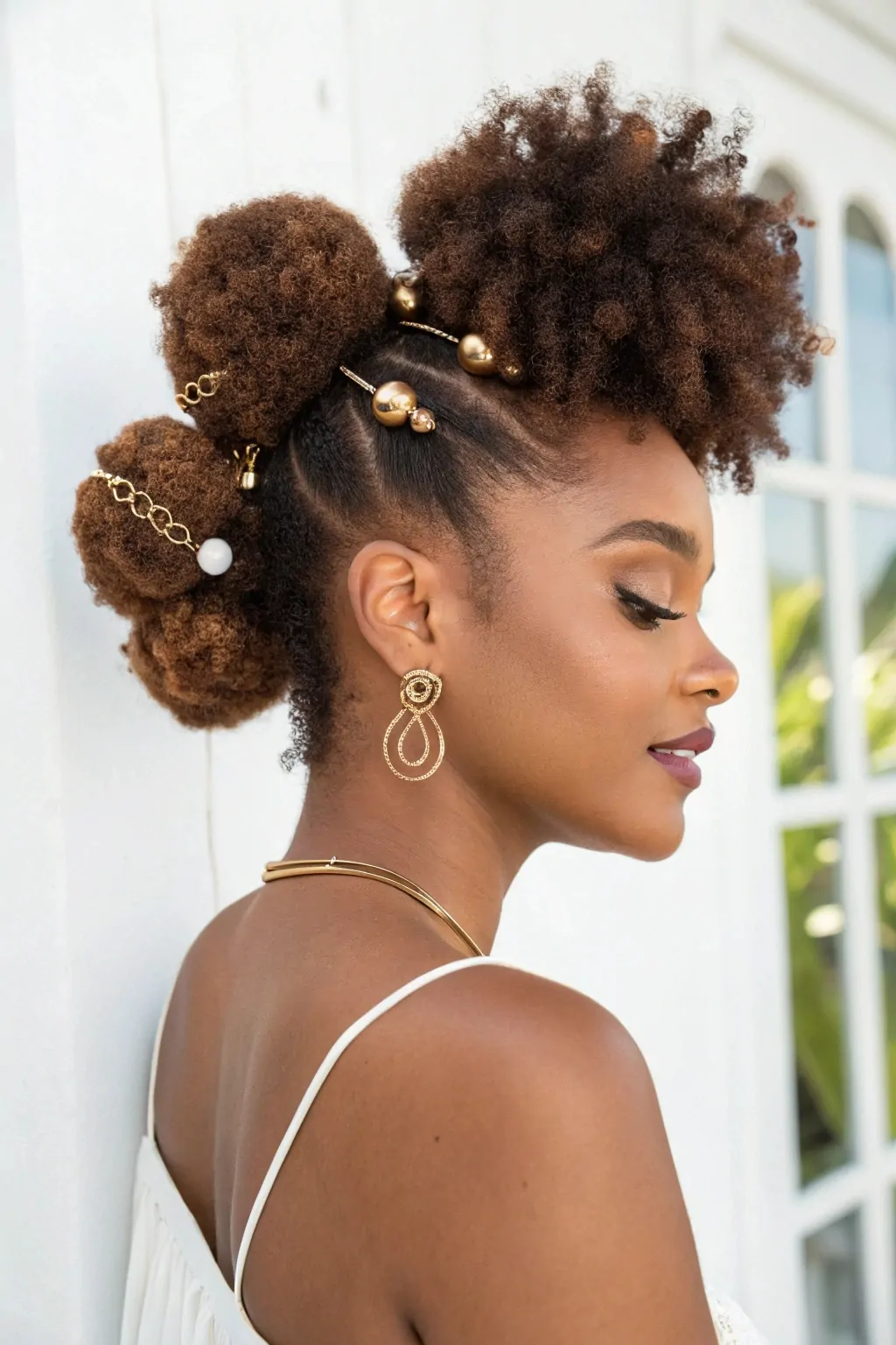 15 Easy Travel Hairstyles for Curly Hair That Save Time and Turn Heads 2 Double Puff with Gold Accessories