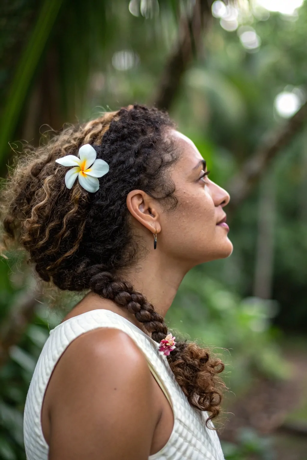 15 Easy Travel Hairstyles for Curly Hair That Save Time and Turn Heads 4 Loose Side Braid with Flower Clip