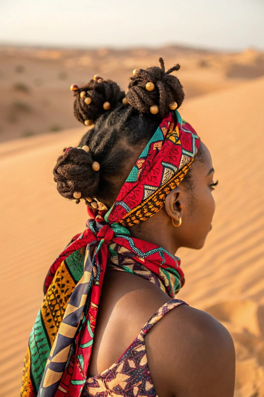 15 Easy Travel Hairstyles for Curly Hair That Save Time and Turn Heads 8 Mini Bantu Knots with Colorful Wrap