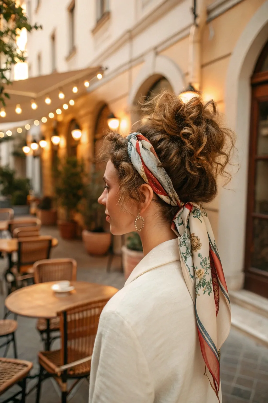 15 Easy Travel Hairstyles for Curly Hair That Save Time and Turn Heads 11 Scarf-Wrapped Low Bun with Loose Curls